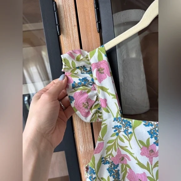 Linen floral block print babydoll mini dress ruffle pyjama square neck flutter - Picture 11 of 14